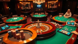 Experience high-stakes gaming at SHBET, showcasing exciting casino tables filled with poker chips and roulette wheels.