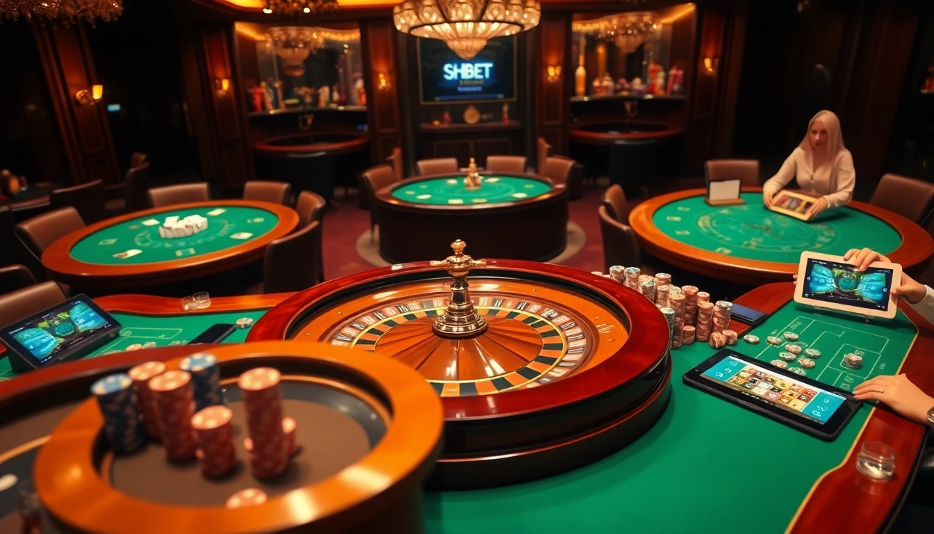 Experience high-stakes gaming at SHBET, showcasing exciting casino tables filled with poker chips and roulette wheels.