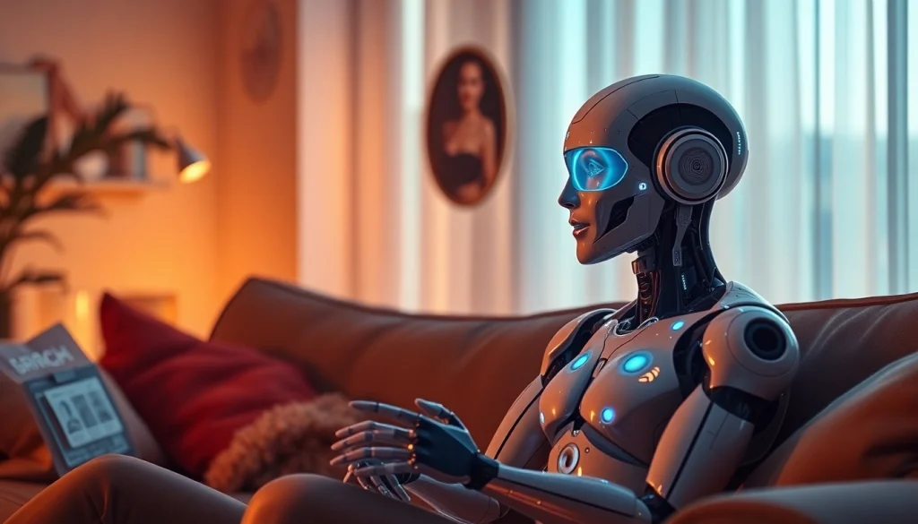 Engaging interaction with an AI sex bot in a cozy living room setting, showcasing emotional connection and advanced technology.