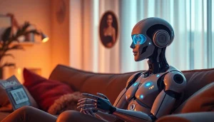 Engaging interaction with an AI sex bot in a cozy living room setting, showcasing emotional connection and advanced technology.