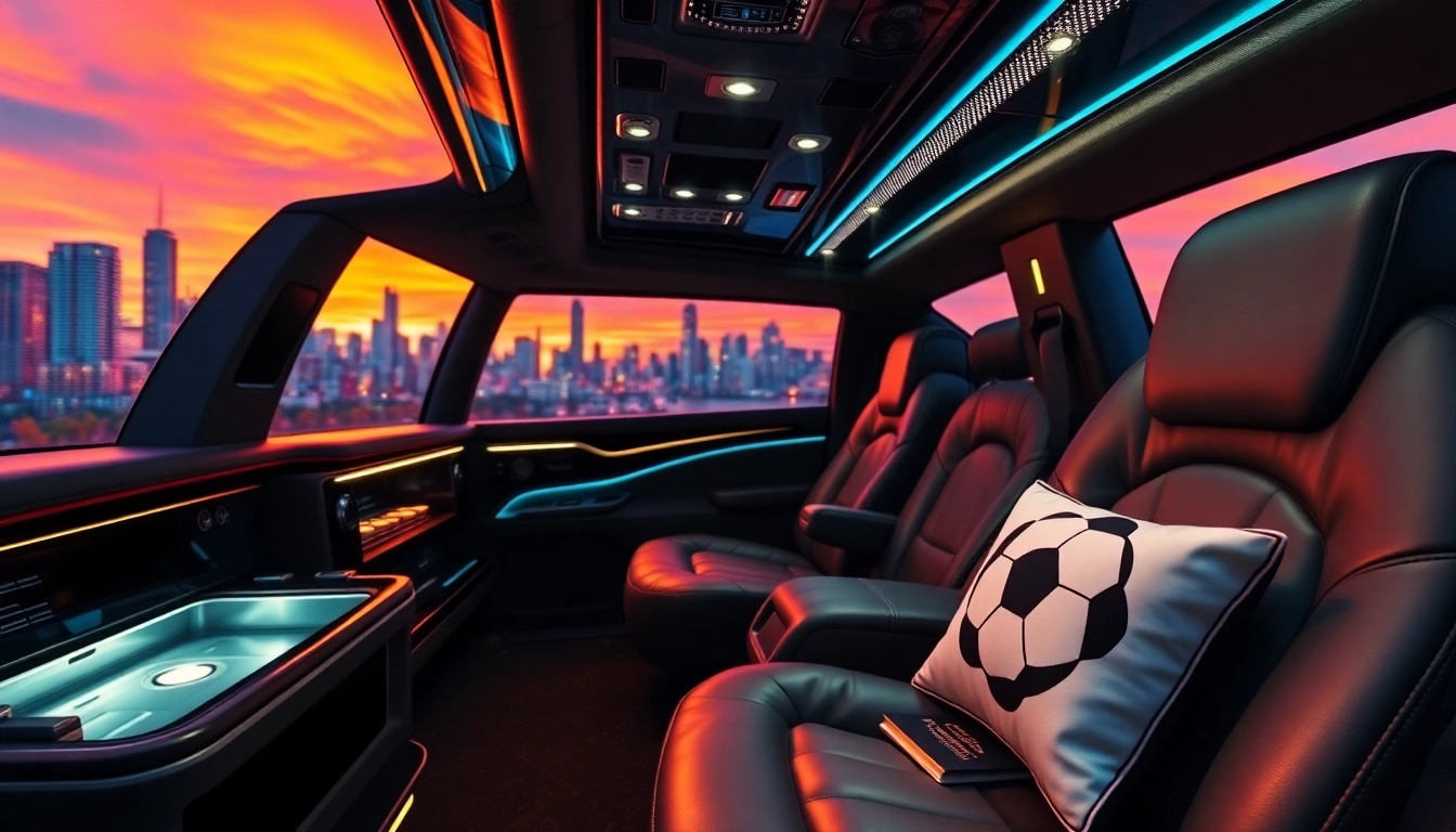 World Cup Group Transportation featuring luxurious limousine interior with plush seating and ambient lighting.