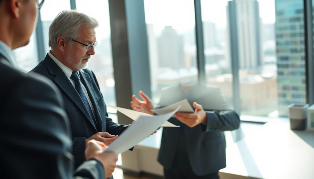 Intellectual property lawyer advising a client in a modern office environment with documents on the table.