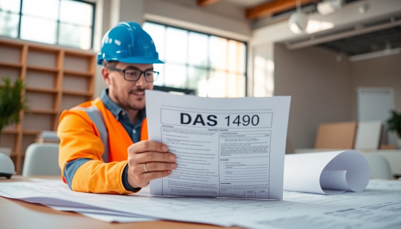 Contractor examining the DAS 140 form in a bright office for public works compliance.