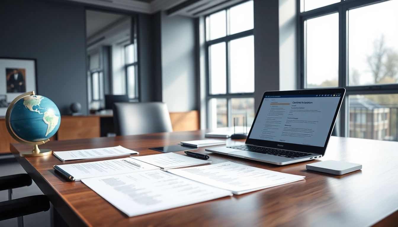 Professional office setting for soudní překlad services with legal documents and translation tools