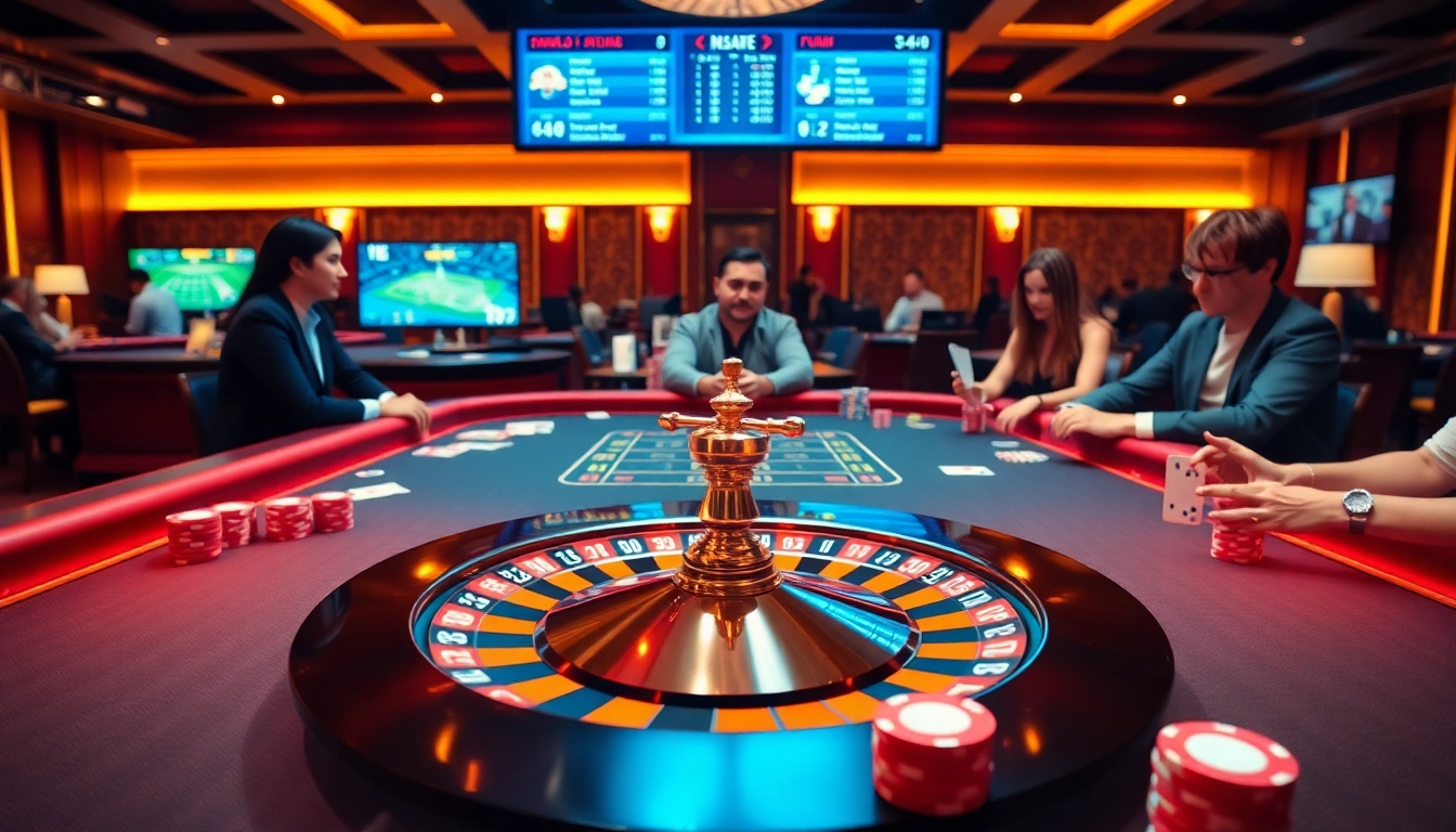 Bongdalu 5 gamers immersed in a thrilling casino environment with poker chips and a roulette wheel.