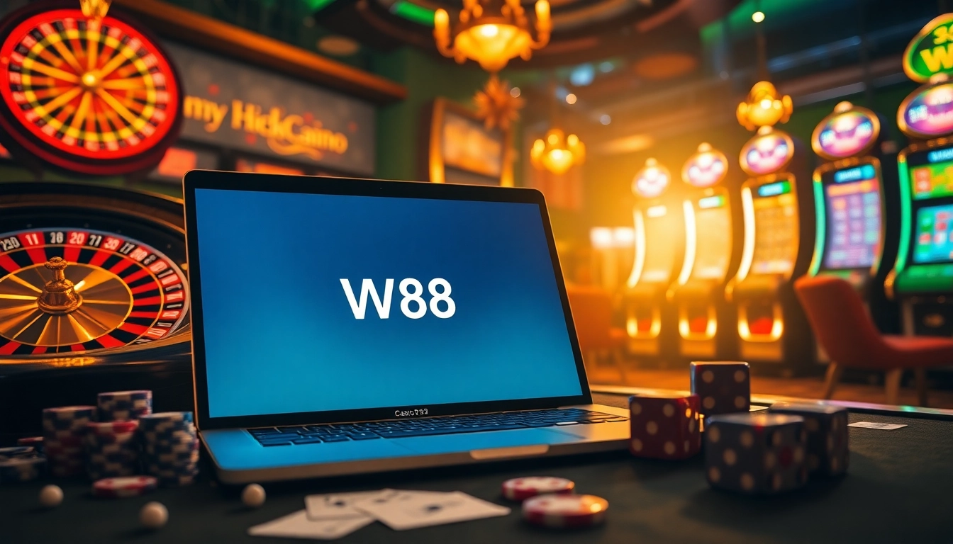 Trải nghiệm sự hứng thú tại một casino trực tuyến sang trọng với liên kết truy cập W88 được hiển thị nổi bật.