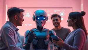 AI sex chatbot interacting with users in a warm, futuristic setting.