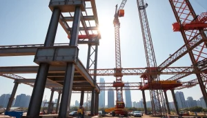 Visually striking structural steel construction site showcasing cranes lifting beams.
