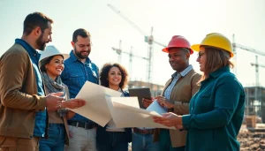 Construction advocacy Carolinas team collaborating on blueprints outdoors at a construction site.