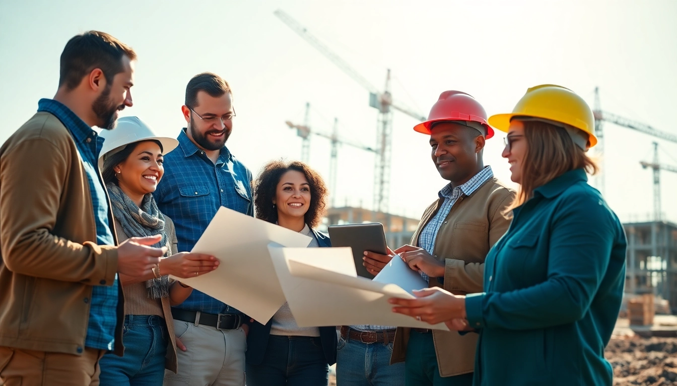 Construction advocacy Carolinas team collaborating on blueprints outdoors at a construction site.