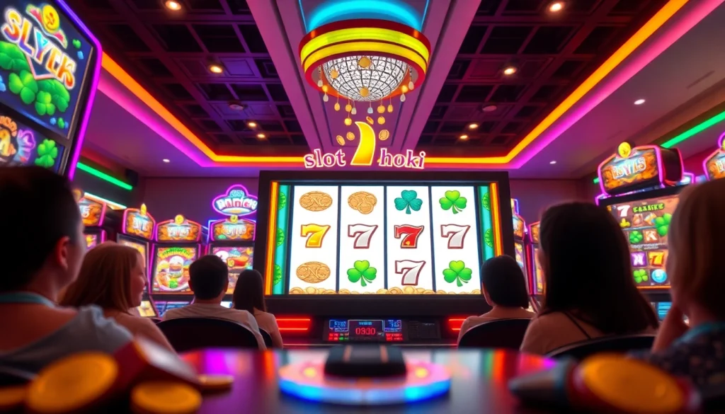 Engaging players enjoying the thrill of slot hoki at a digital gaming lounge.