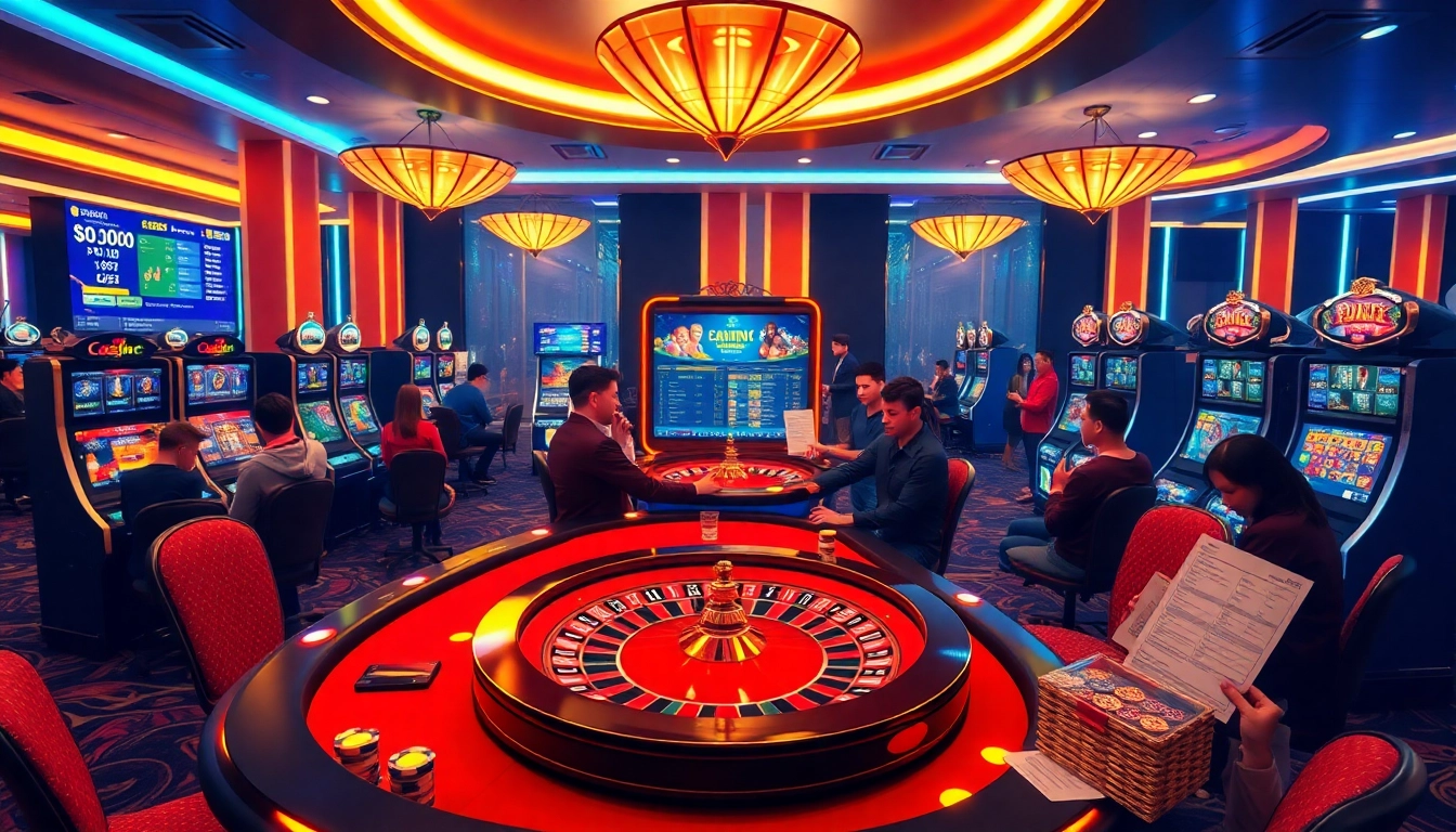 Place a bet at link 188bet with a modern casino featuring tables and vibrant slot machines.