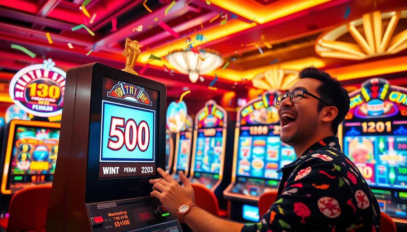 Menang besar dengan slot bet 50 perak, pemain merayakan di kasino penuh warna.