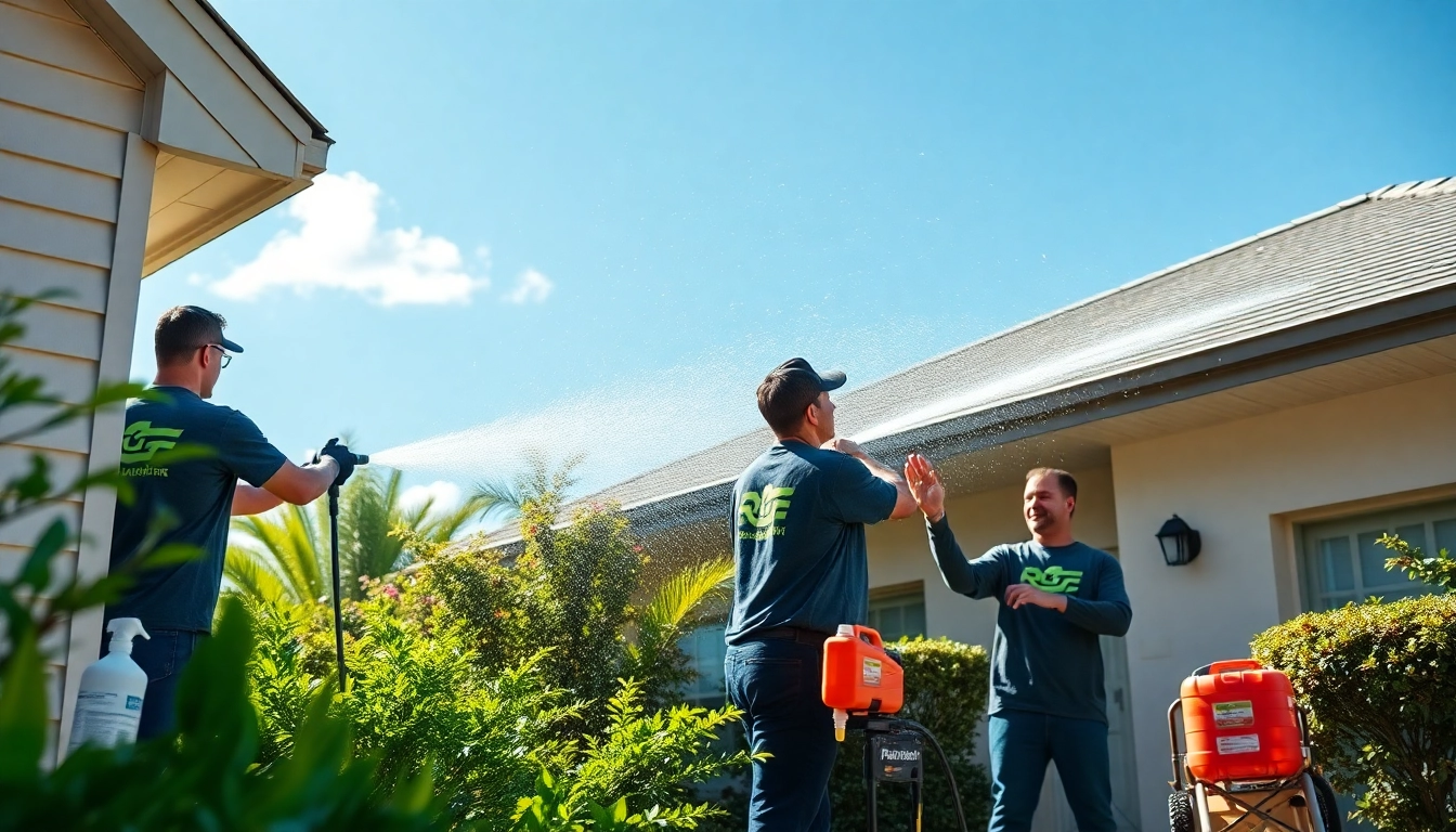 Soft wash professionals cleaning a home's exterior in Kissimmee, FL, demonstrating eco-friendly pressure washing methods.