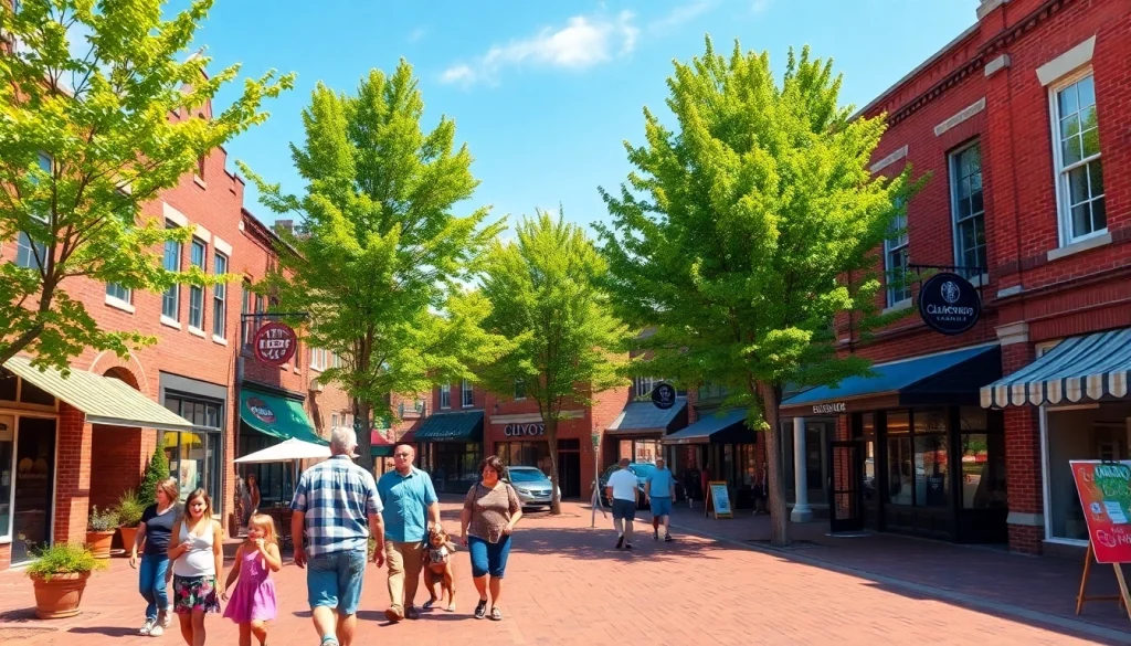 Families enjoying a sunny day in Clarksburg's vibrant downtown area with charming shops.