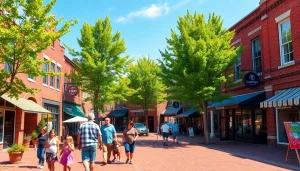 Families enjoying a sunny day in Clarksburg's vibrant downtown area with charming shops.