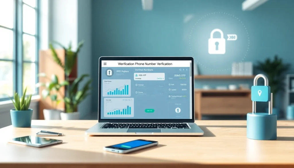 Phone number verification interface on a laptop in a bright office setting, showcasing data analytics and security.