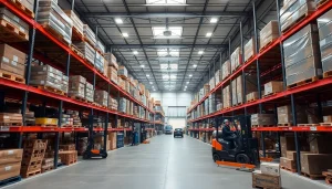 Warehouse interior with organized racks and efficient workers managing inventory.