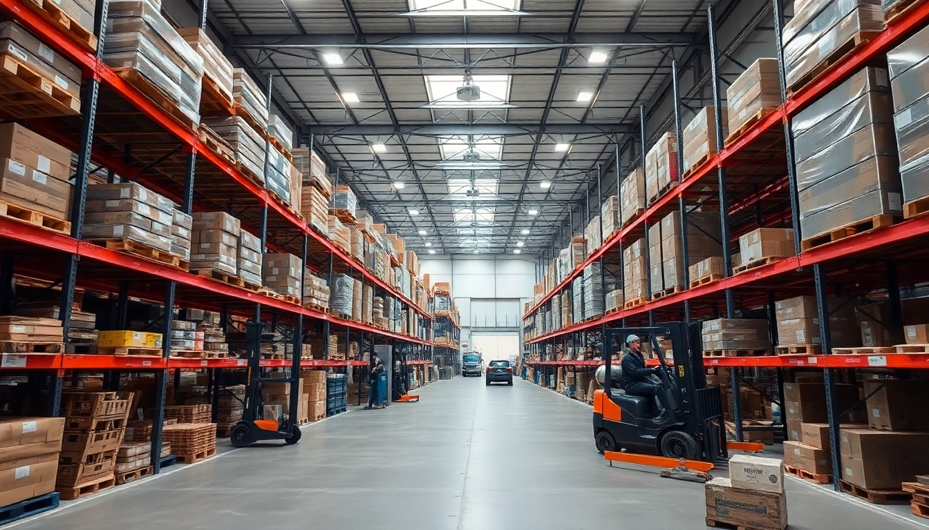 Warehouse interior with organized racks and efficient workers managing inventory.