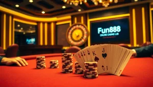 Players enjoying a high-stakes game at a luxurious casino with a visible Fun88 link.