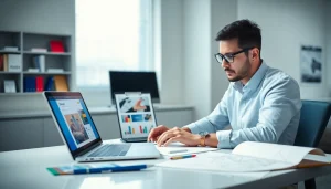 Dynamic workspace showcasing dịch vụ thiết kế website with a professional designer.