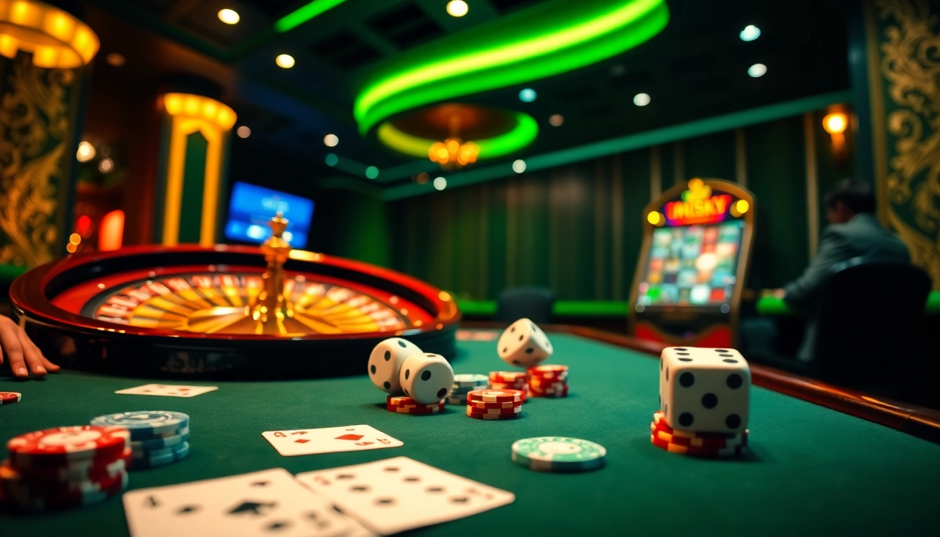 Gambling excitement at nhà cái nh88 with vibrant casino tables, cards, and roulette wheel.