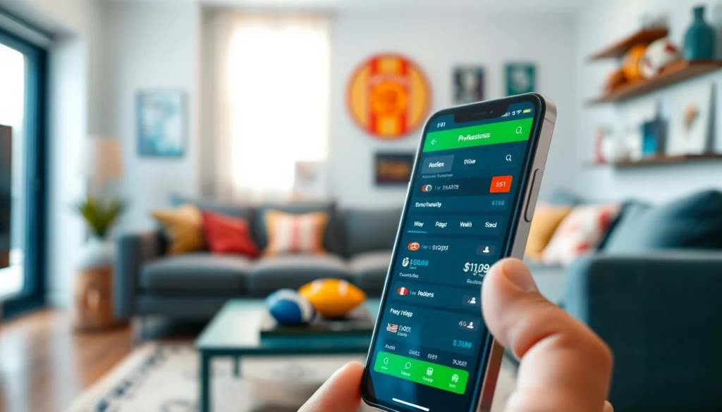 Engaging interface showcasing sports betting apps Canada on a smartphone in a vibrant living room.