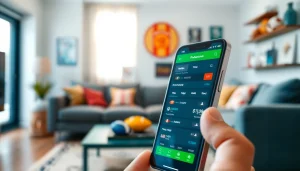 Engaging interface showcasing sports betting apps Canada on a smartphone in a vibrant living room.