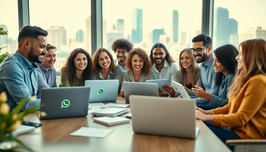 Team brainstorming around WhatsApp Smart CRM strategies in a vibrant office setting.
