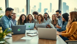 Team brainstorming around WhatsApp Smart CRM strategies in a vibrant office setting.