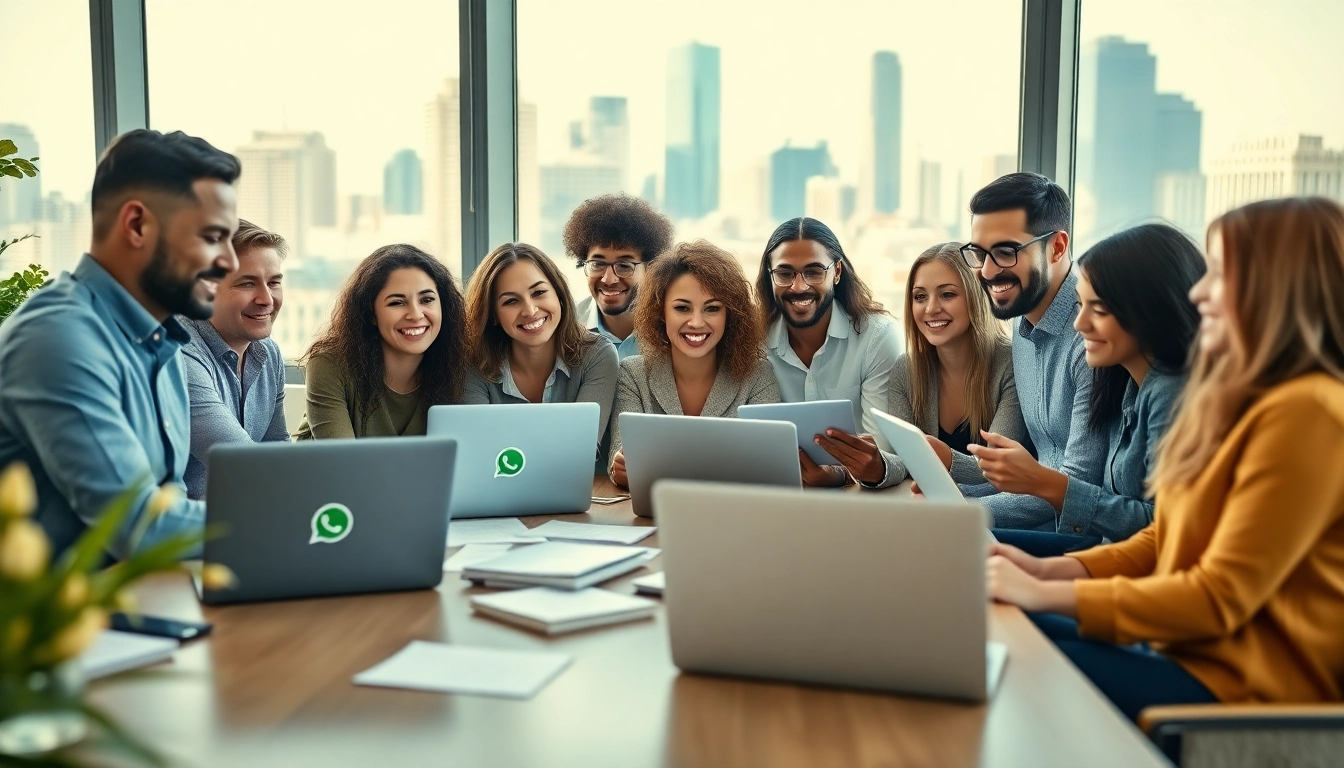 Team brainstorming around WhatsApp Smart CRM strategies in a vibrant office setting.
