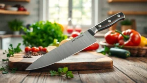 Showcasing a chef’s knife NZ alongside fresh herbs and vegetables on a rustic cutting board.