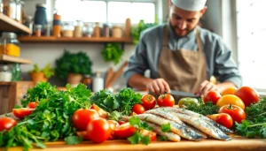 Chef preparing a Mediterranean diet meal with fresh ingredients showcasing vibrant vegetables.