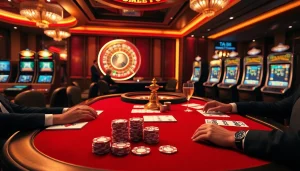 Exciting gambling scene showcasing TA88's online casino features with poker tables and colorful slot machines.