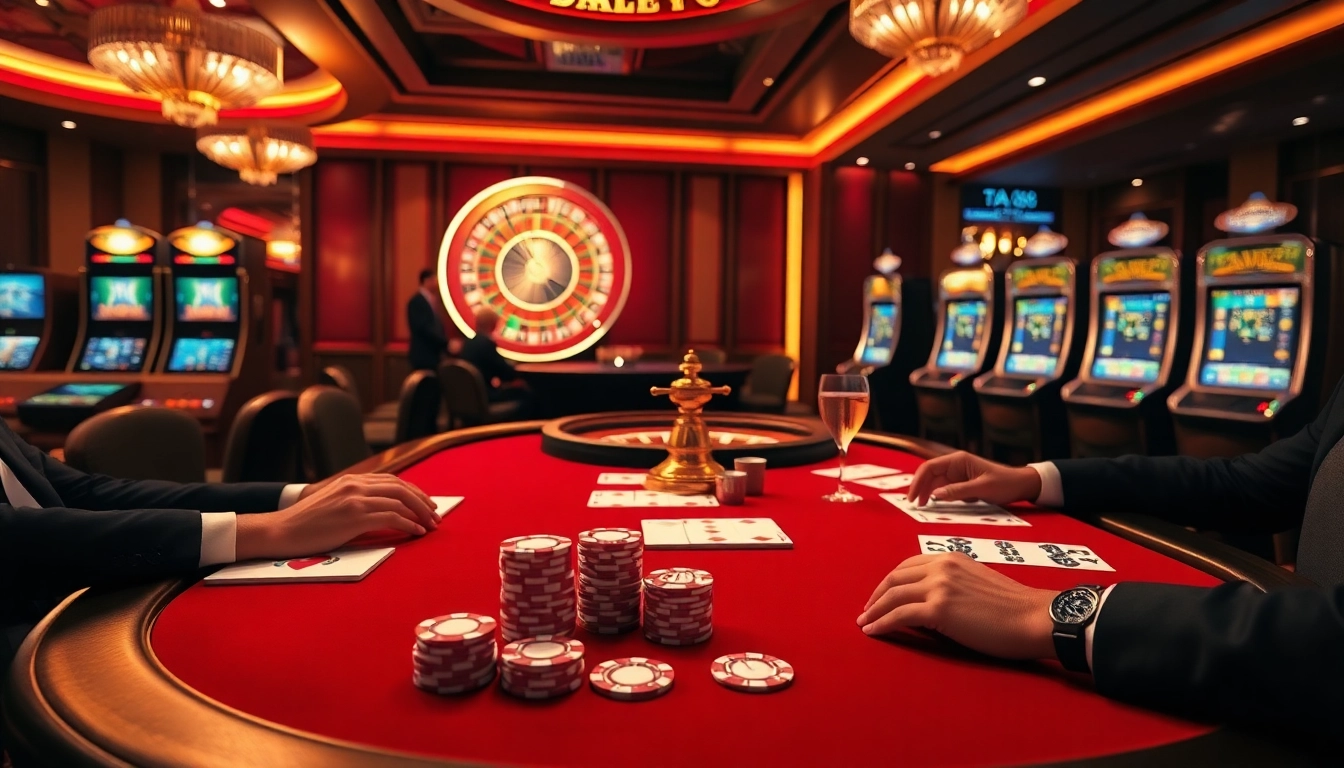 Exciting gambling scene showcasing TA88's online casino features with poker tables and colorful slot machines.