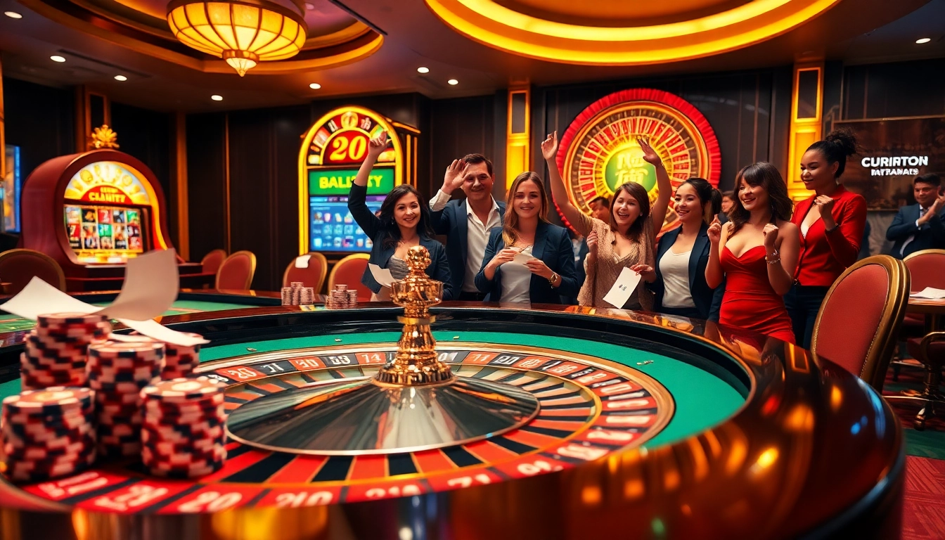 Experience the excitement of 상품권카드 in a lively casino scene with roulette, poker chips, and glowing slot machines.