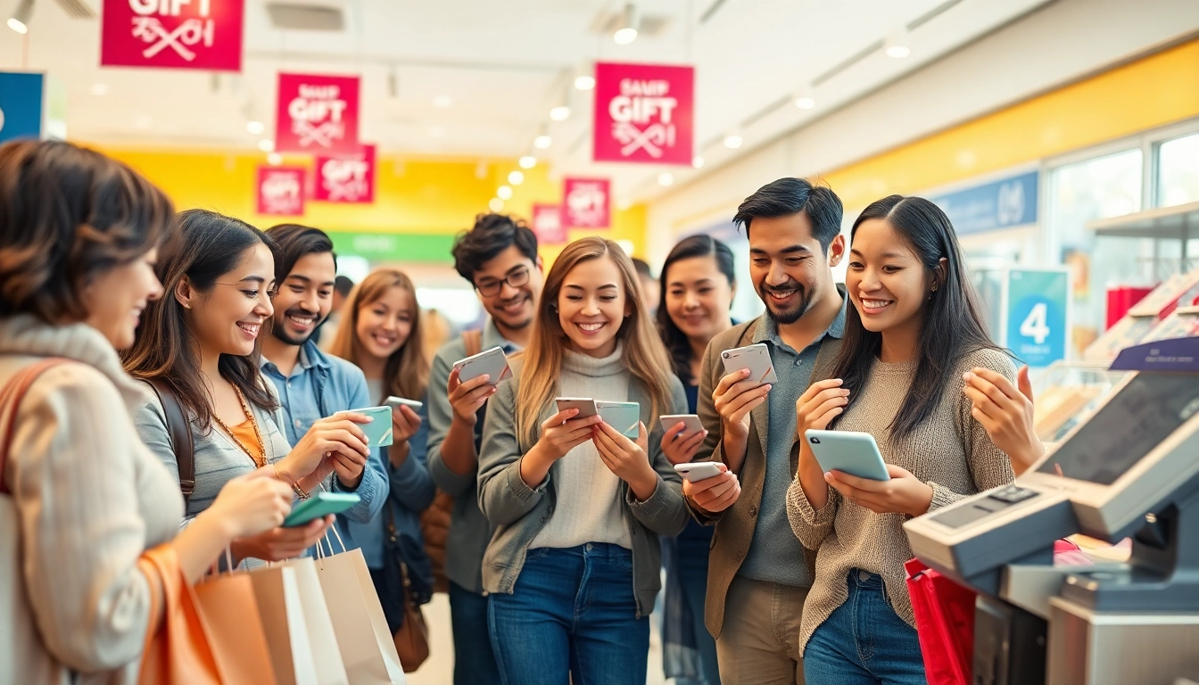 활기찬 매장에서 상품권카드를 사용하는 고객들, 디지털 결제의 편리함을 보여주는 모습.