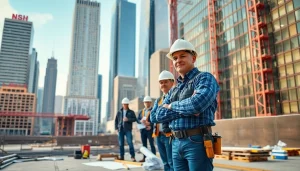 Manhattan General Contractor overseeing a bustling construction site with workers and skyscrapers.