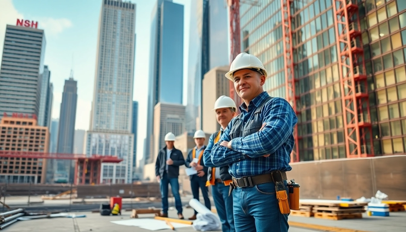 Manhattan General Contractor overseeing a bustling construction site with workers and skyscrapers.