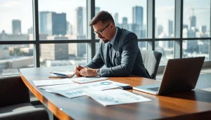 Crisis management consultant advising clients in a modern office environment focused on strategy.