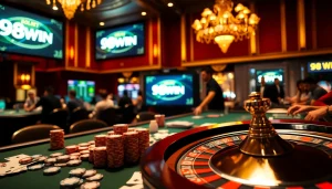 Experience excitement at 98WIN casino with poker, roulette, and vibrant gaming atmosphere.