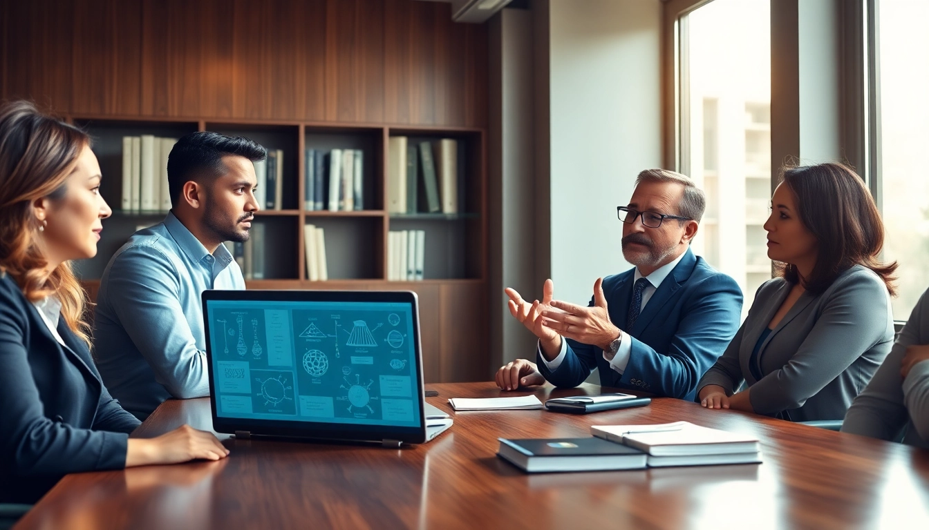 Intellectual property lawyer advising clients in a modern law office setting.