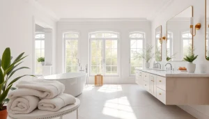 Showcasing elegant bathrooms with a luxurious freestanding bathtub and marble double vanity.