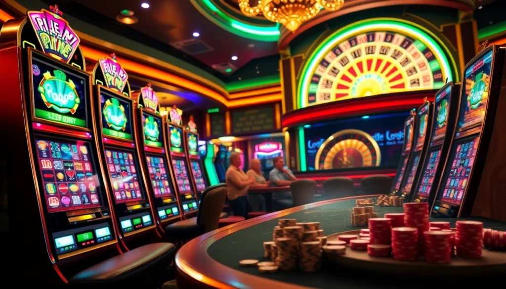 Pemain menikmati permainan Slot Depo 1000, dengan mesin kasino berwarna-warni dan suasana yang hidup.