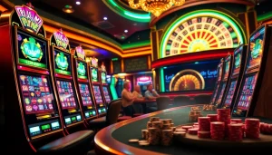 Pemain menikmati permainan Slot Depo 1000, dengan mesin kasino berwarna-warni dan suasana yang hidup.