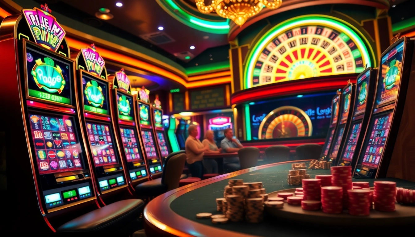 Pemain menikmati permainan Slot Depo 1000, dengan mesin kasino berwarna-warni dan suasana yang hidup.