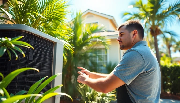 Technician performing AC Repair Clearwater FL in a residential area surrounded by tropical plants.