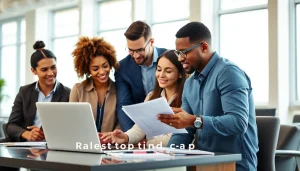 Engaging scene of team collaborating for top websites to find salespeople in a modern office.