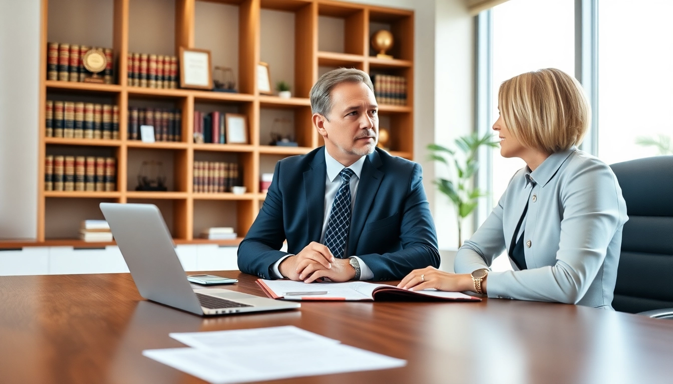 Miami-Dade County litigation lawyer consulting with a client in a modern office environment.