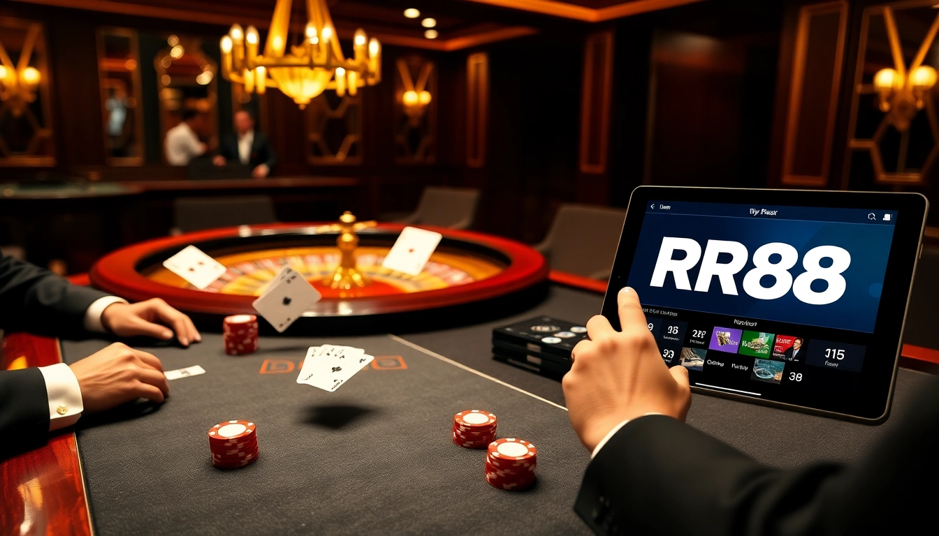 Action-packed gambling scene at RR88 with poker and roulette showing excitement.